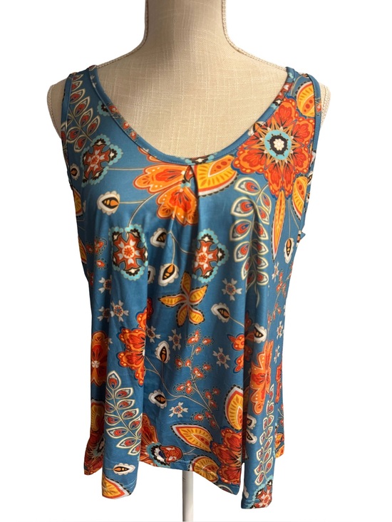 Tops - Blue Floral Printed Top - Women's Sleeveless Summer Top